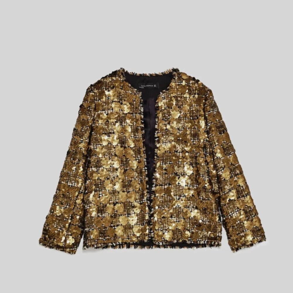 ZARA GOLD SEQUIN JACKET SEQUIN BOUCLE TWEED BLAZER SIZE  SMALL NWT
